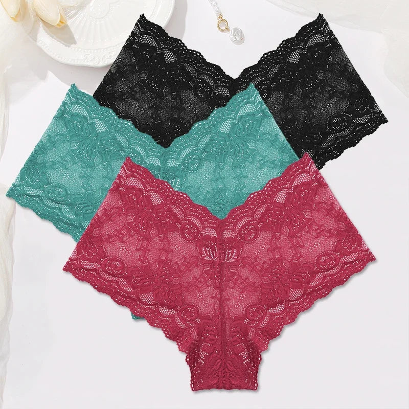 Sexy Lace Panties Women Boyshort Underwear 3Pcs/set Low-Rise Underpants S-XL Ladies Floral Panties Sexy Boyshort Female Lingerie