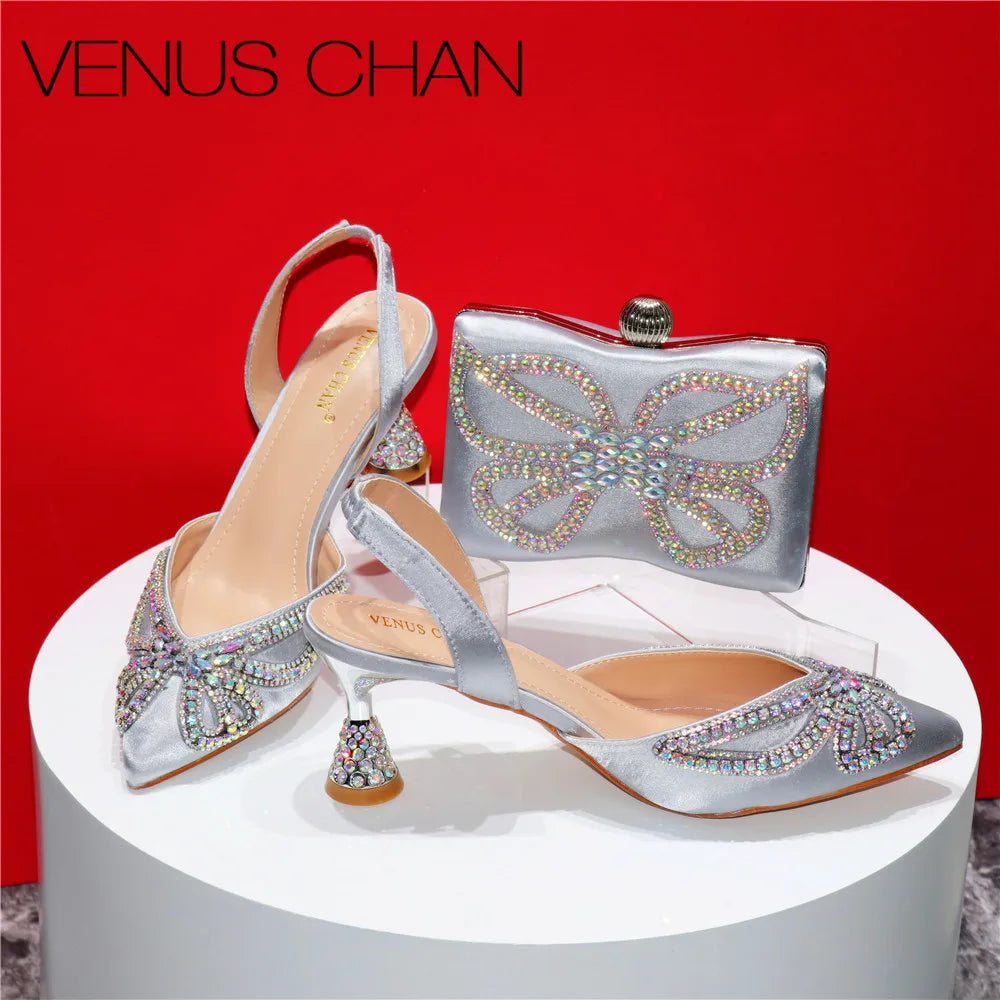 Design Diamond-Encrusted Bag And Pointed High-Heeled Shoes