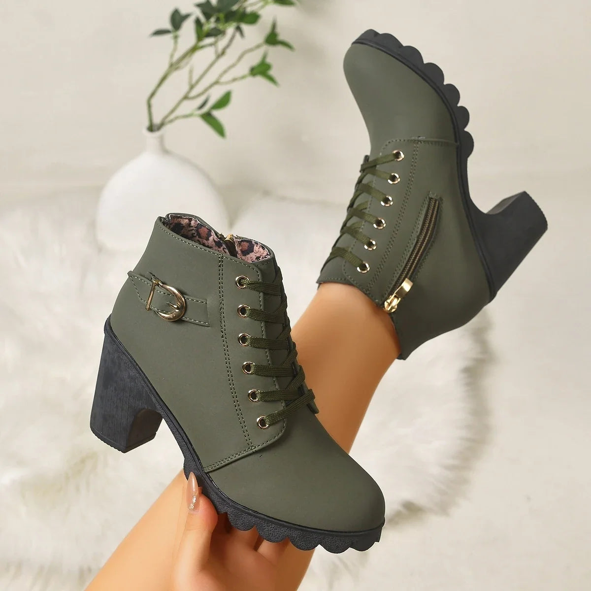Women Lace‑Up Ankle Boots With Metal Buckle Side Zipper Chunky Block Heels