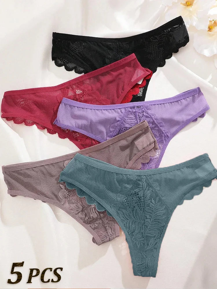 5PCs/Set Sexy Lace Thongs for Women Solid G-String Panties Floral Perspective Underwear Female Soft Breathable Women Lingerie