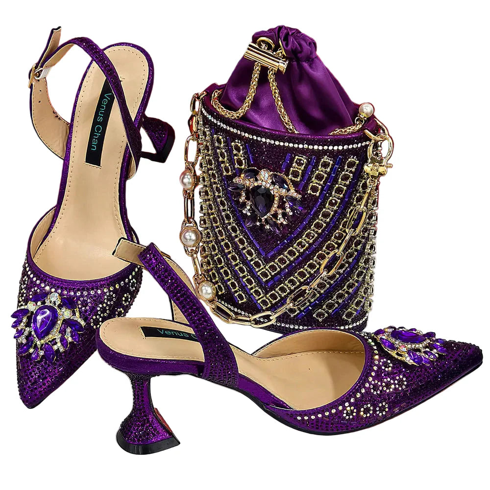 Women Shoes and Bag Set With Rhinestone Handbag