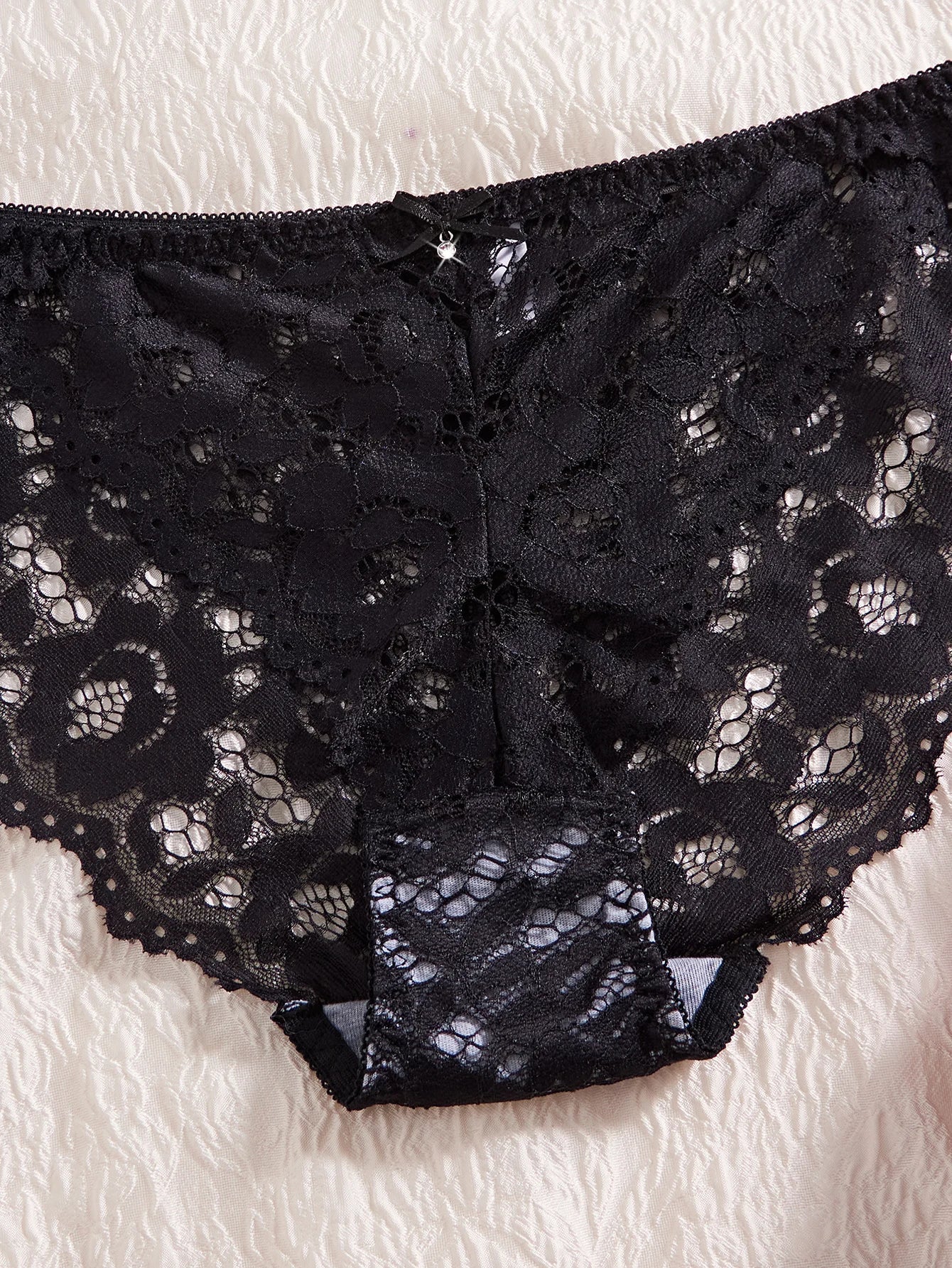 Women's Sexy Lingerie Set Lace Patchwork Solid Color Bowknot Rhinestone Embellished Push-Up Double Shoulder Strap Unlined Comfortable Underwear, Lace Semi-Transparent Breathable Panties