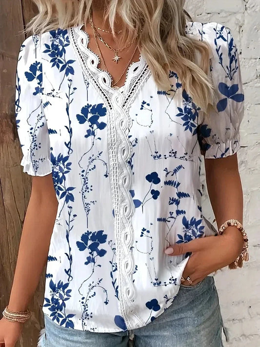 Fashion Casual Vacation Shirt Women Summer V Neck Hollow Out Solid