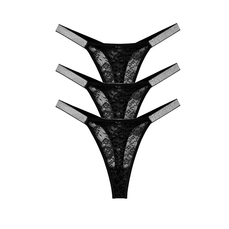 3pcs Sexy Thongs Lace Women Underwear Perspective Floral Panties Low Rise Two Shiny Belts G-string Comfortable Intimate Lingerie