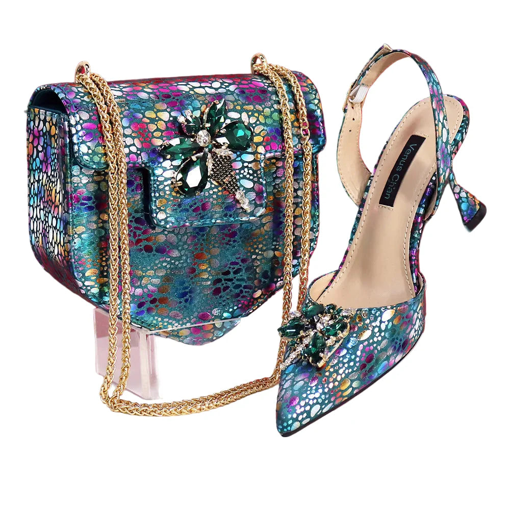 New Heels Pointed Toe Design Ladies Shoes Matching Bag Set