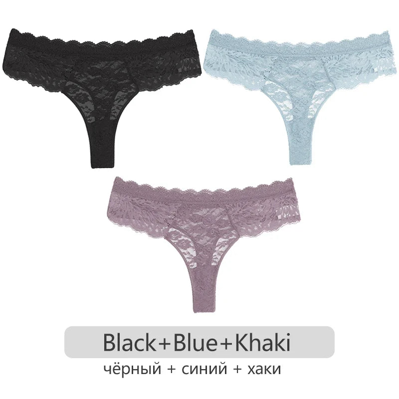 Full Lace Thongs Women 3Pcs/set Sexy G-string Underpants S-XL Ladies Floral T-Back Underwear Female Bikini Panties Girl Lingerie