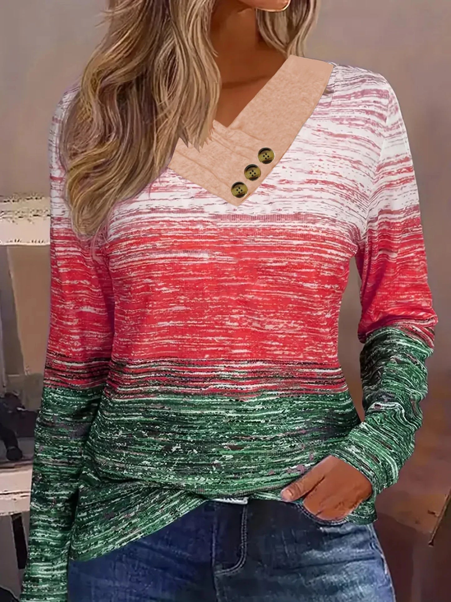 Autumn Thin Fashion Plaid Print V-Neck Button Plus Size Women's Long