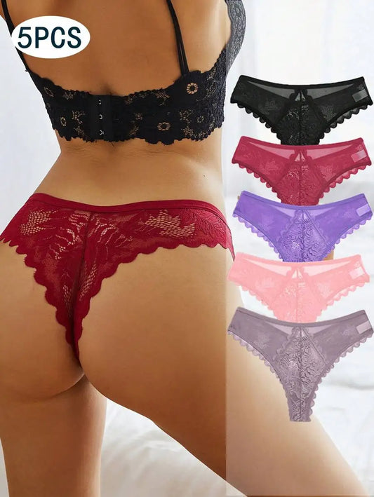 5PCs/Set Sexy Lace Thongs for Women Solid G-String Panties Floral Perspective Underwear Female Soft Breathable Women Lingerie