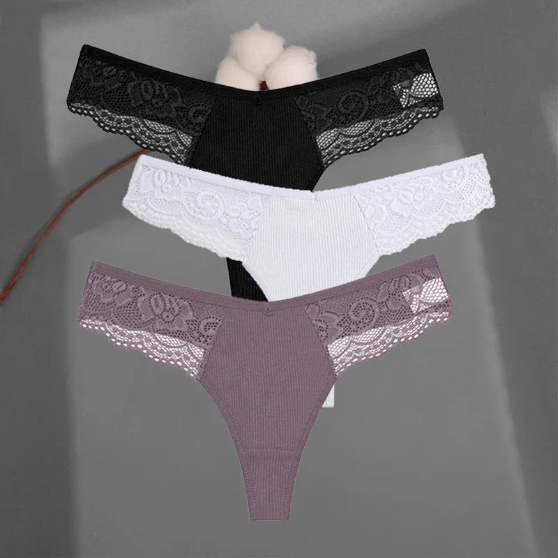 3Pcs/set Cotton Thongs Lace Bikini Underpants Women S-XL T-Back Underwear Ladies G-string Soft Thong Panties Female Lingerie New