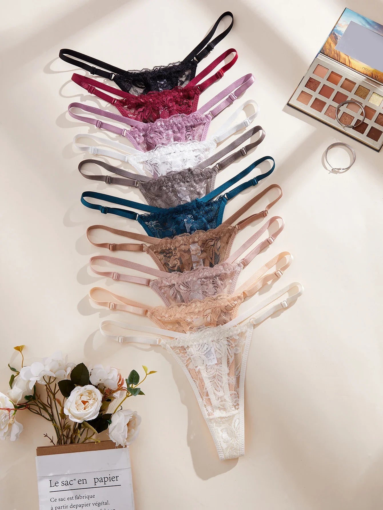 10Pcs/Set Lace Women Panties Low-Waist Sexy Hollow Out G-String Elastic Adjustable Waistband Sexy Lingerie Women's Underwear
