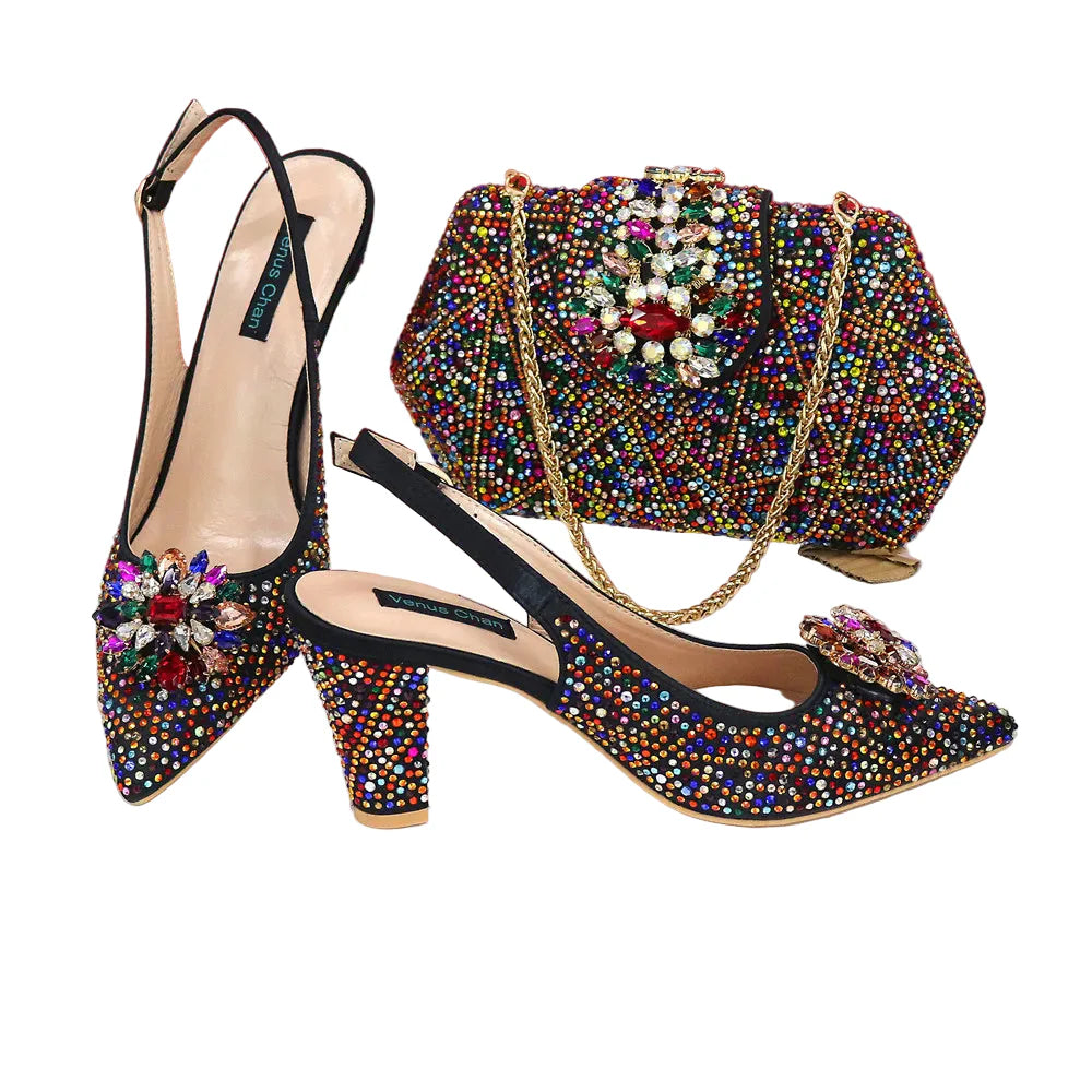 Italian Shoe and Bag Set With Decorated with Rhinestone