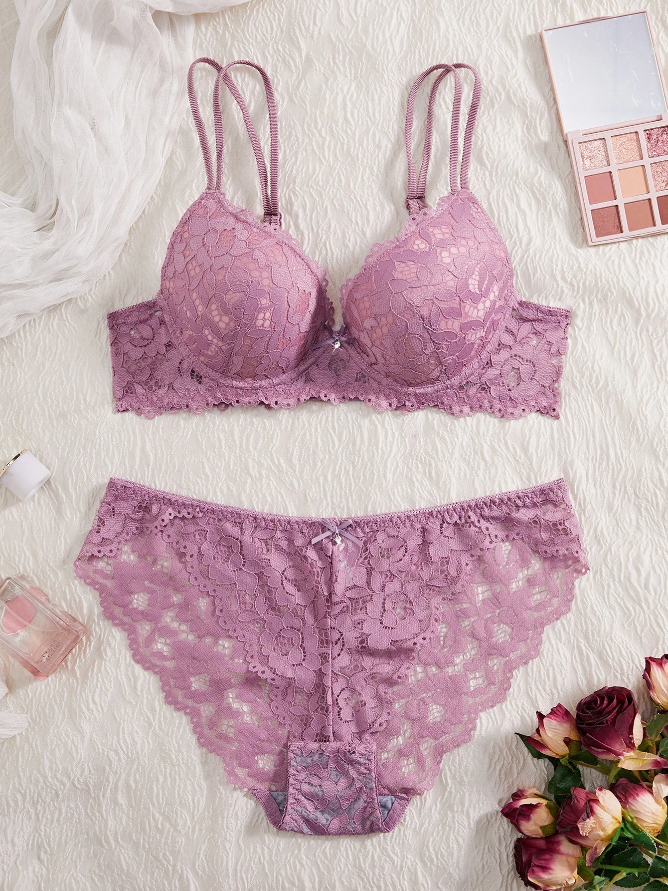 Women's Sexy Lingerie Set Lace Patchwork Solid Color Bowknot Rhinestone Embellished Push-Up Double Shoulder Strap Unlined Comfortable Underwear, Lace Semi-Transparent Breathable Panties