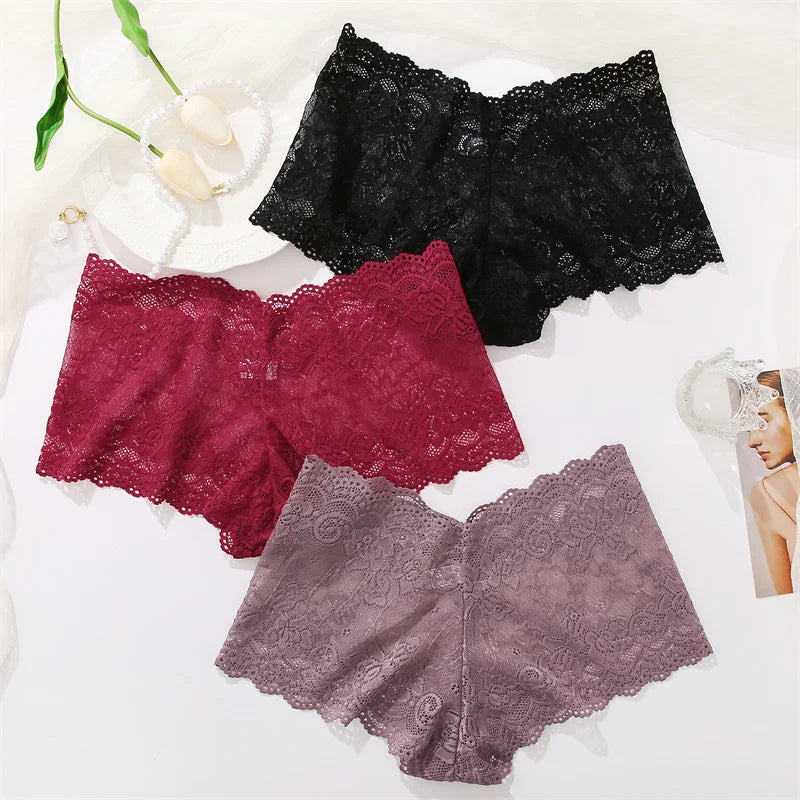 Sexy Lace Panties Women Boyshort Underwear 3Pcs/set Low-Rise Underpants S-XL Ladies Floral Panties Sexy Boyshort Female Lingerie