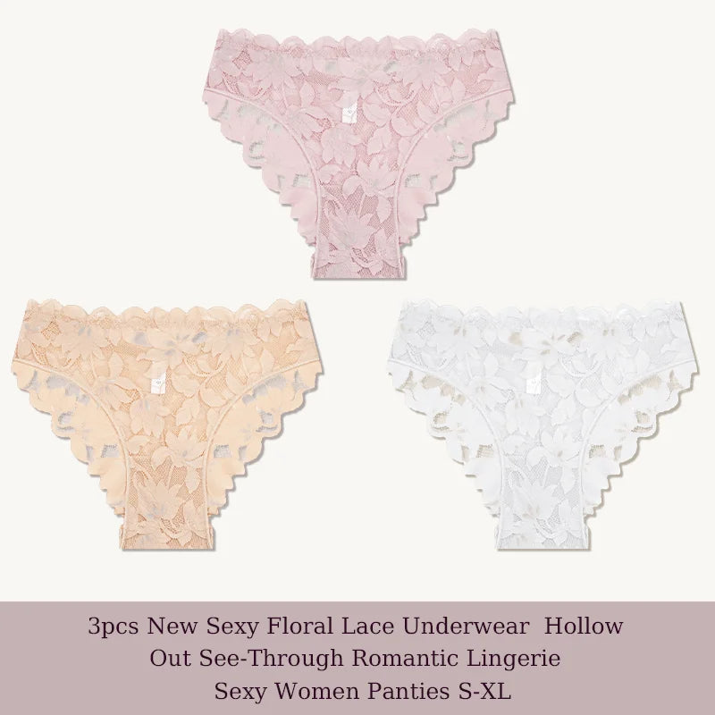 3Pcs/Set Sexy Floral Lace Underwear Panties Sets Hollow Out See-Through Romantic Lingerie Underwear Sexy Women Panties S-XL
