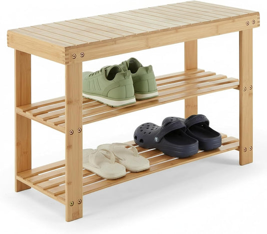 Shoe Rack Bench Bamboo 3-Tier | Entryway Storage Organizer & Stand for Bedroom & Living Room, 286lb Capacity, Size (27.6" x 11.3" x 17.8")