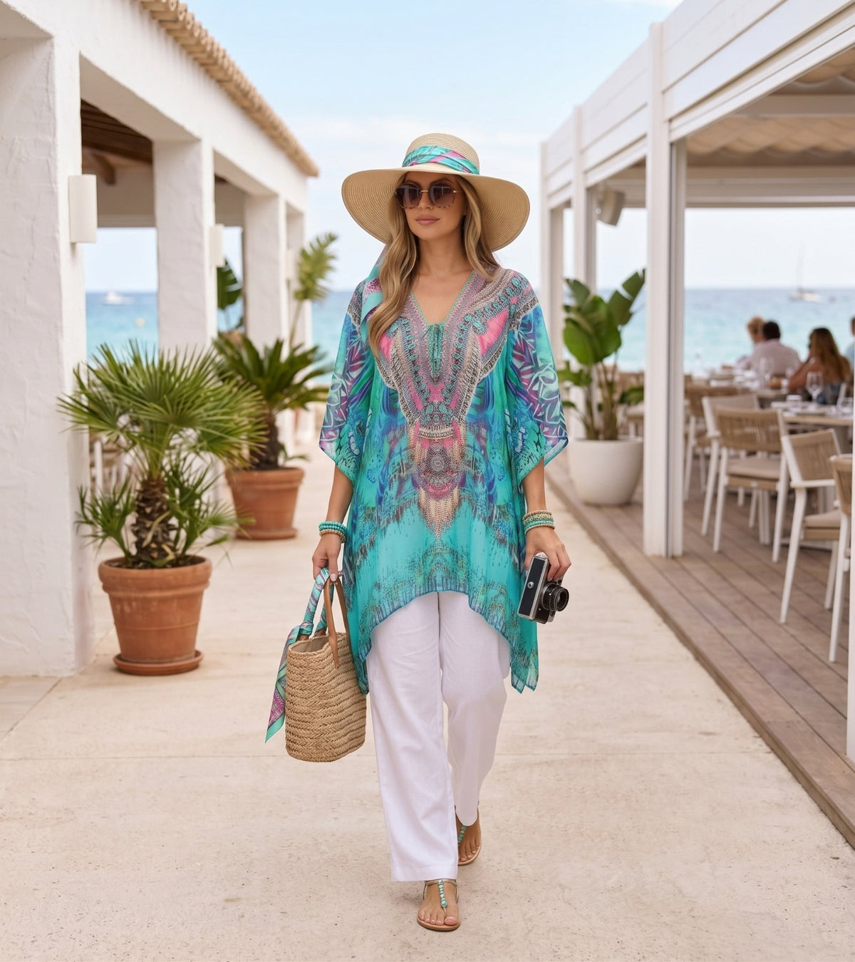 Stylish Rhinestone Lace-Up V-Neck Women's Caftan Poncho Cover-Up by Sakkas Aymee