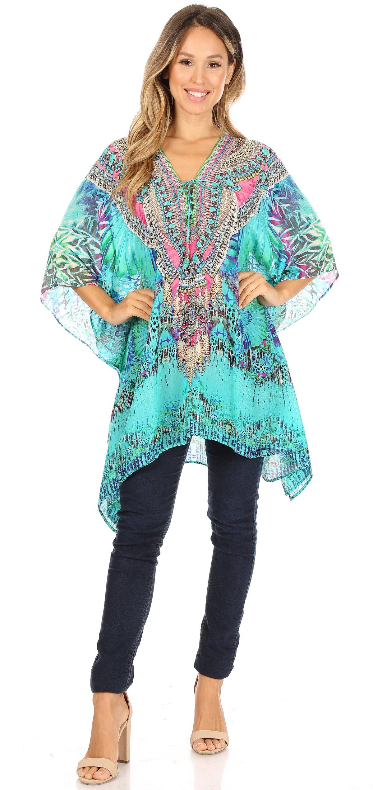 Stylish Rhinestone Lace-Up V-Neck Women's Caftan Poncho Cover-Up by Sakkas Aymee