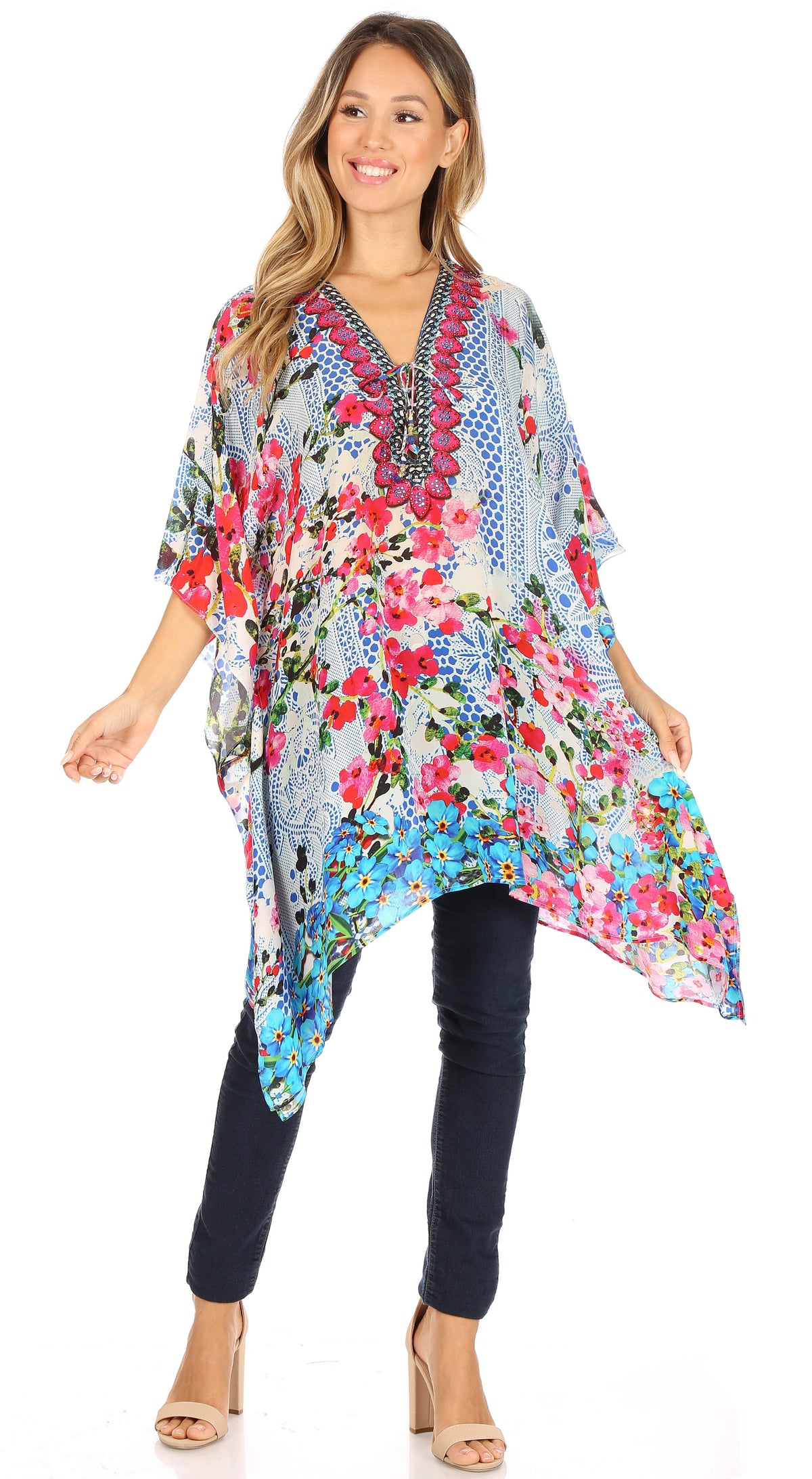 Stylish Rhinestone Lace-Up V-Neck Women's Caftan Poncho Cover-Up by Sakkas Aymee