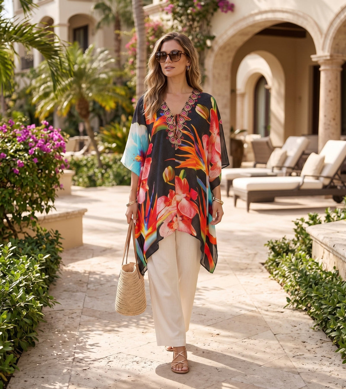 Stylish Rhinestone Lace-Up V-Neck Women's Caftan Poncho Cover-Up by Sakkas Aymee