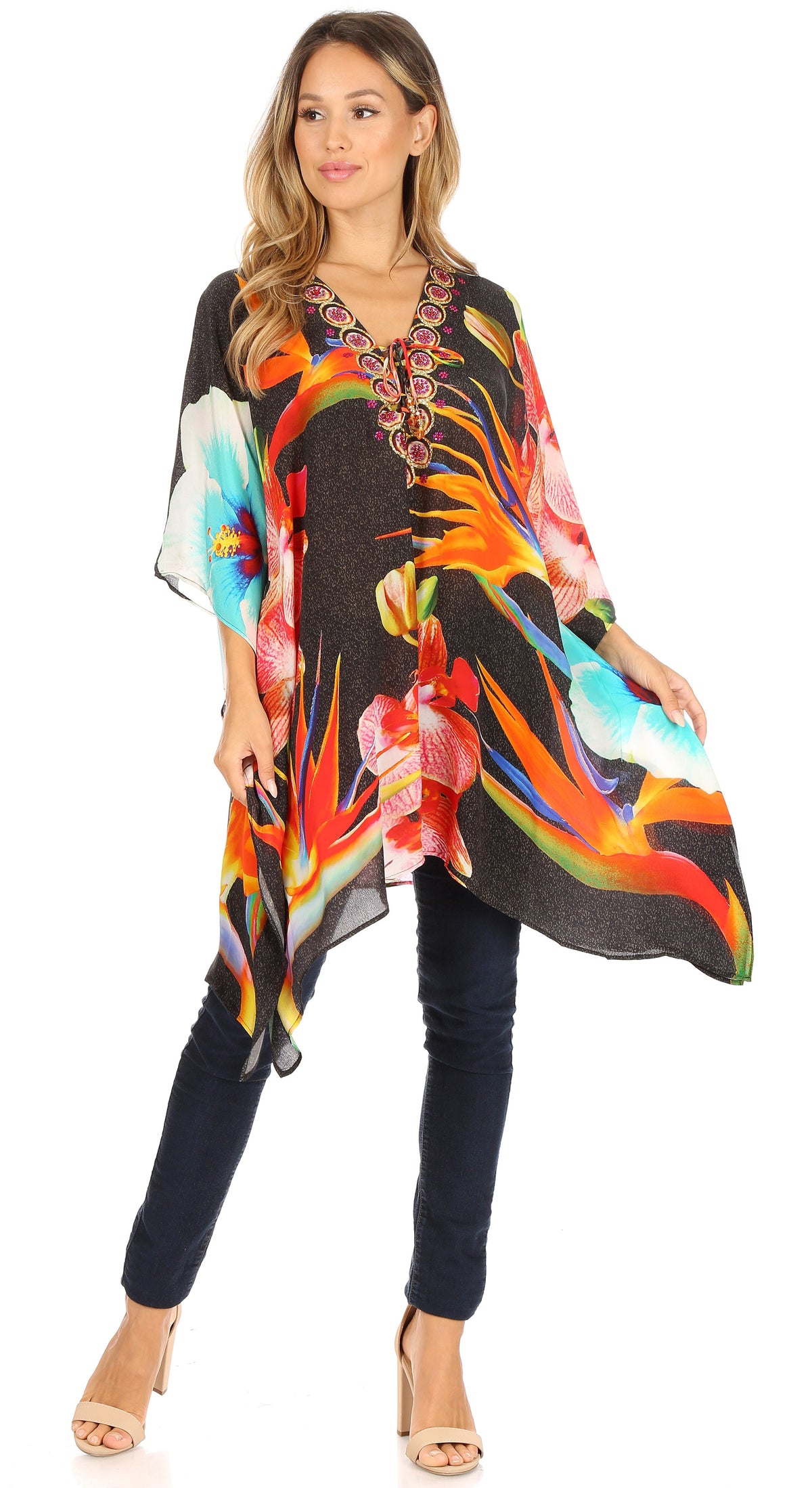 Stylish Rhinestone Lace-Up V-Neck Women's Caftan Poncho Cover-Up by Sakkas Aymee