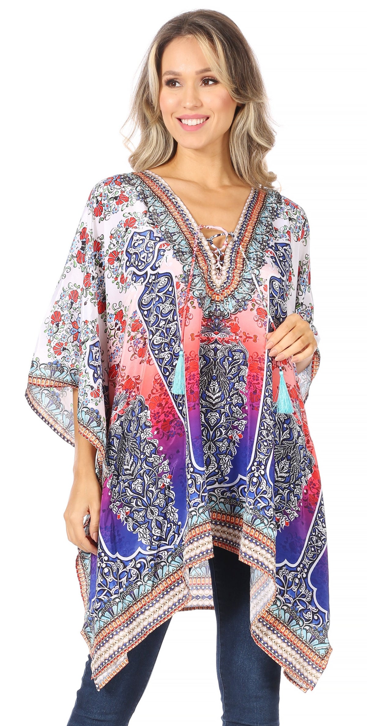 Stylish Rhinestone Lace-Up V-Neck Women's Caftan Poncho Cover-Up by Sakkas Aymee