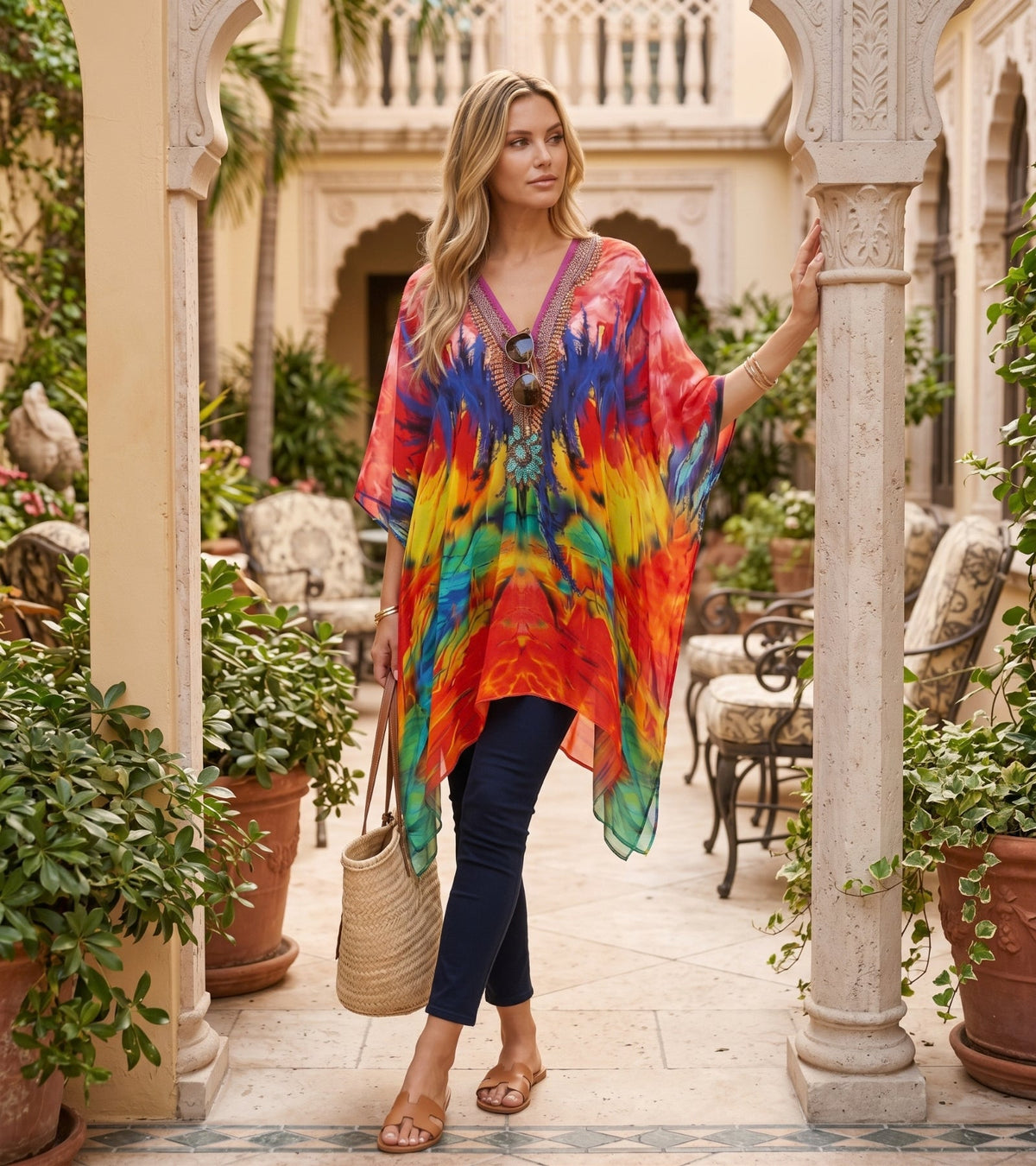 Stylish Rhinestone Lace-Up V-Neck Women's Caftan Poncho Cover-Up by Sakkas Aymee