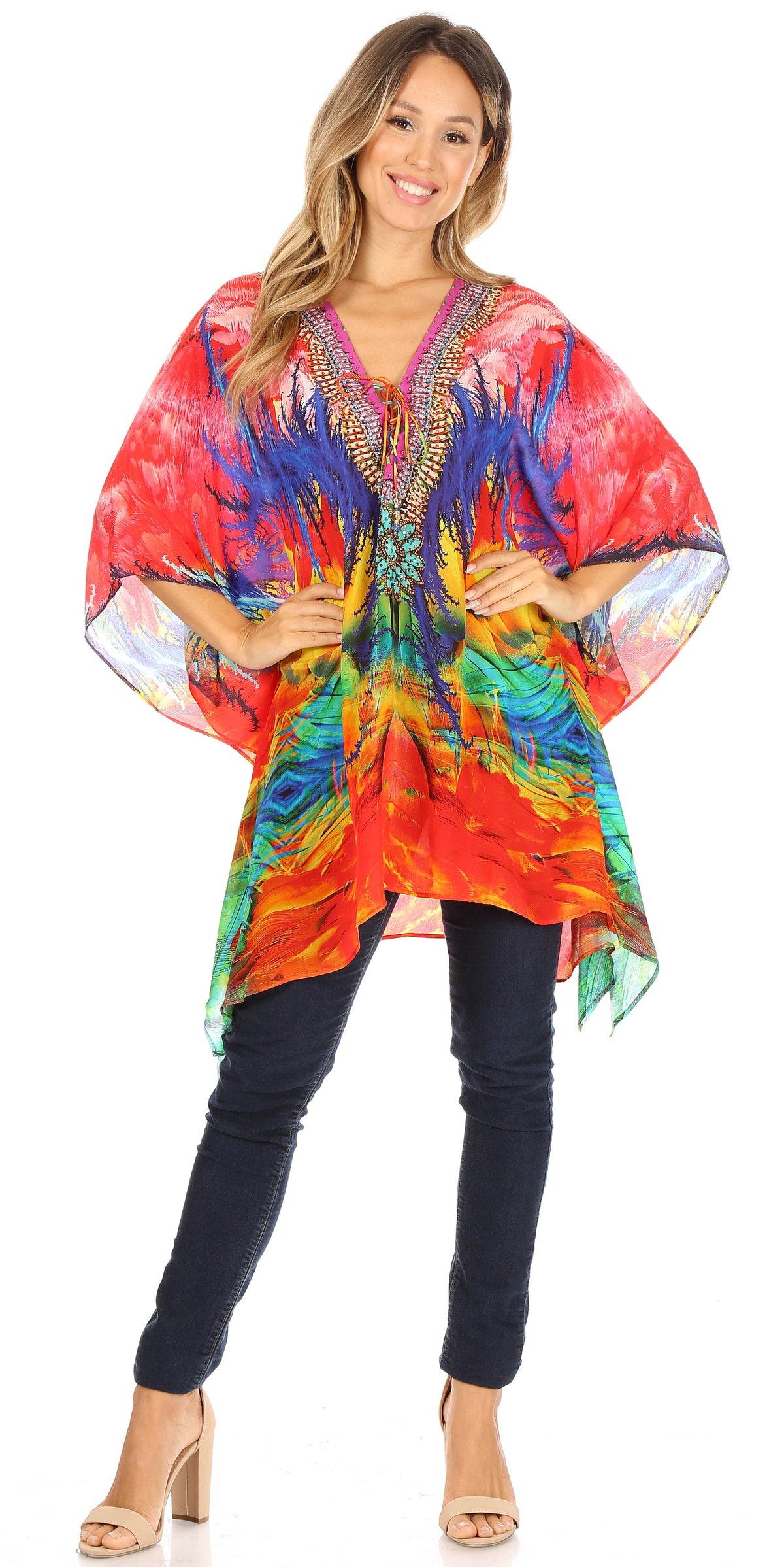 Stylish Rhinestone Lace-Up V-Neck Women's Caftan Poncho Cover-Up by Sakkas Aymee