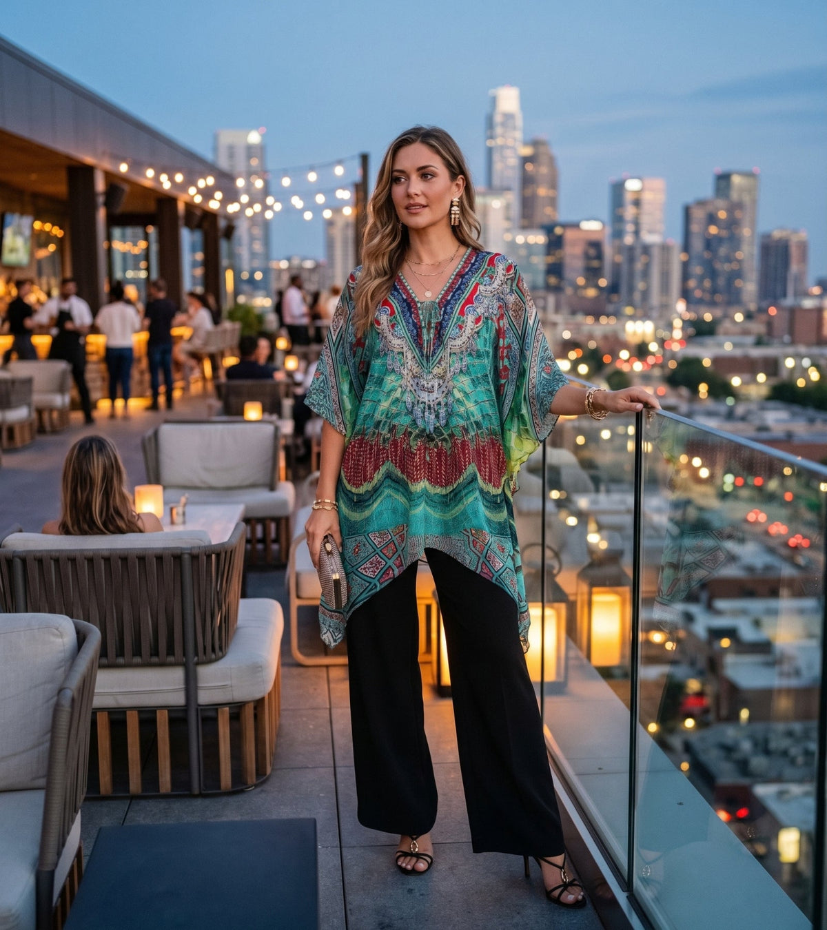 Stylish Rhinestone Lace-Up V-Neck Women's Caftan Poncho Cover-Up by Sakkas Aymee