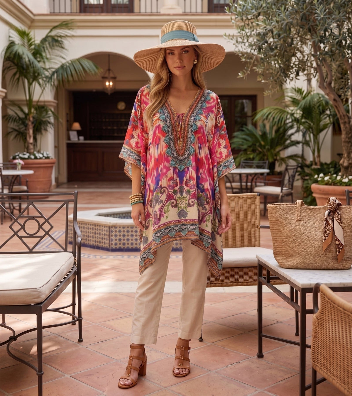 Stylish Rhinestone Lace-Up V-Neck Women's Caftan Poncho Cover-Up by Sakkas Aymee