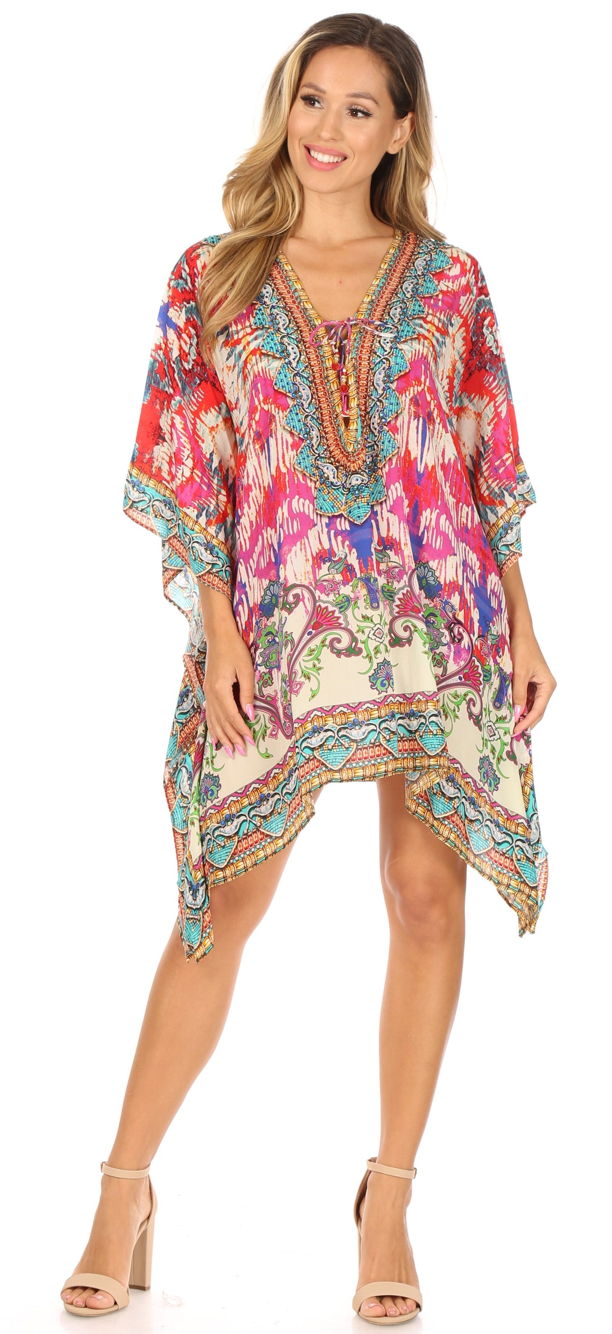 Stylish Rhinestone Lace-Up V-Neck Women's Caftan Poncho Cover-Up by Sakkas Aymee