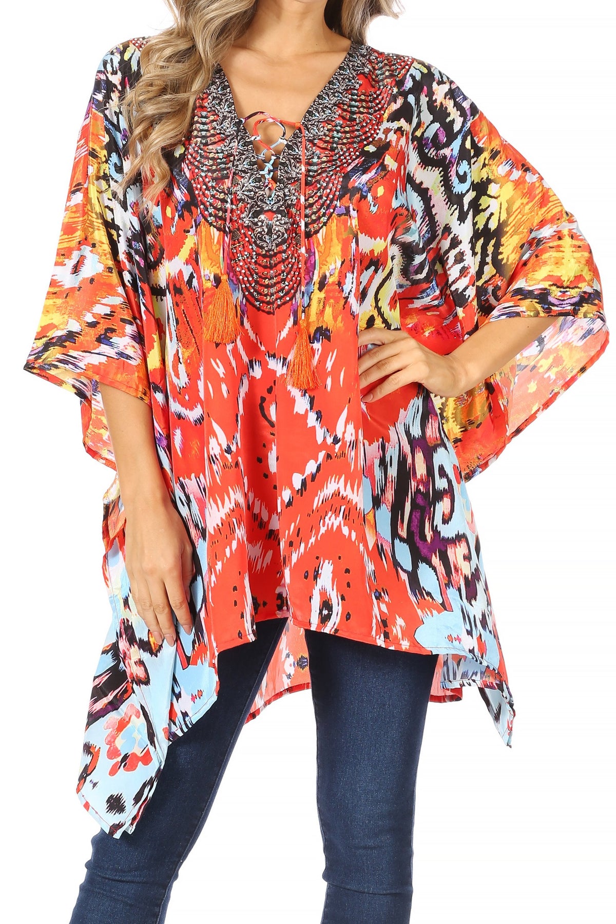 Stylish Rhinestone Lace-Up V-Neck Women's Caftan Poncho Cover-Up by Sakkas Aymee