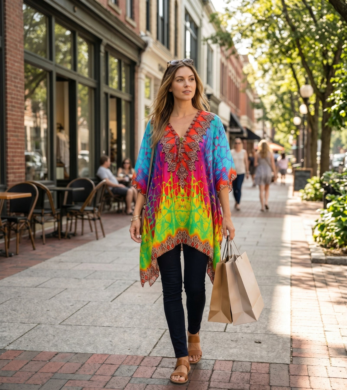 Stylish Rhinestone Lace-Up V-Neck Women's Caftan Poncho Cover-Up by Sakkas Aymee