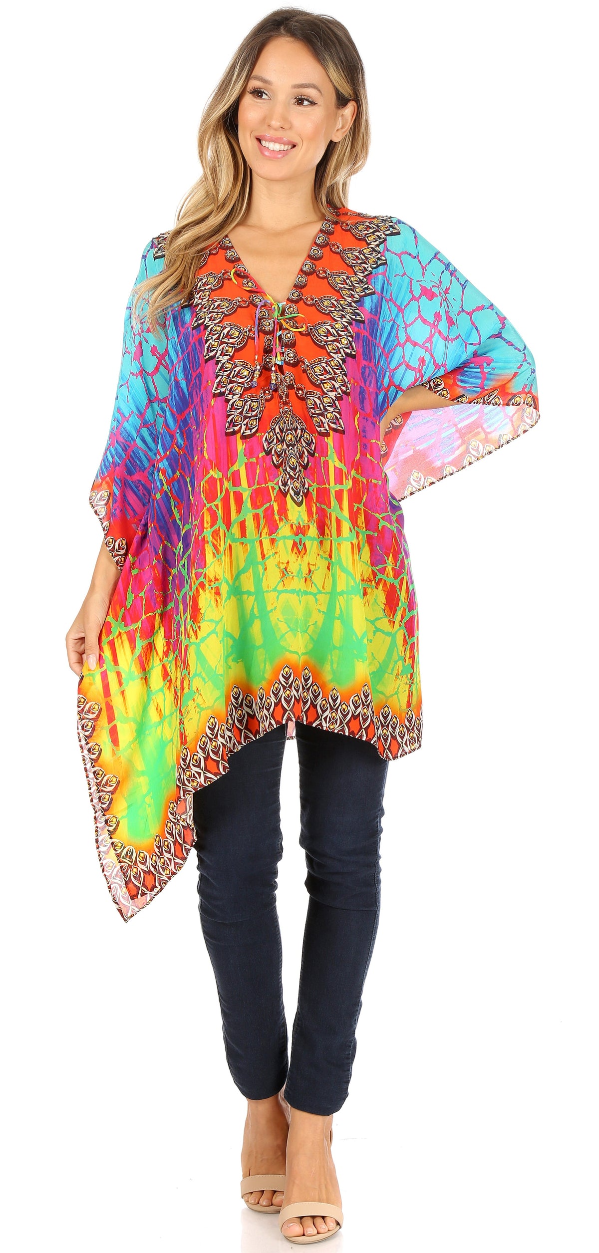 Stylish Rhinestone Lace-Up V-Neck Women's Caftan Poncho Cover-Up by Sakkas Aymee