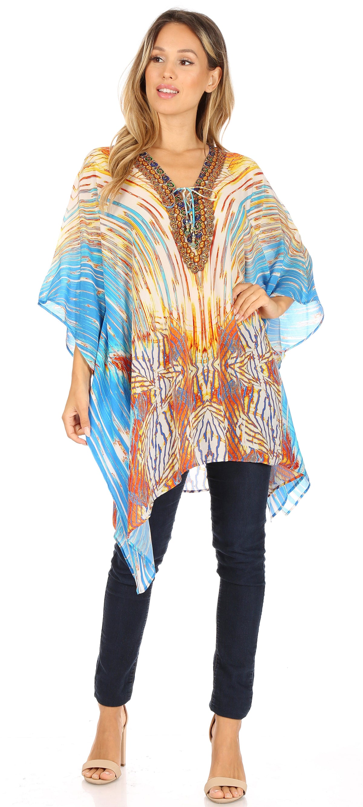 Stylish Rhinestone Lace-Up V-Neck Women's Caftan Poncho Cover-Up by Sakkas Aymee
