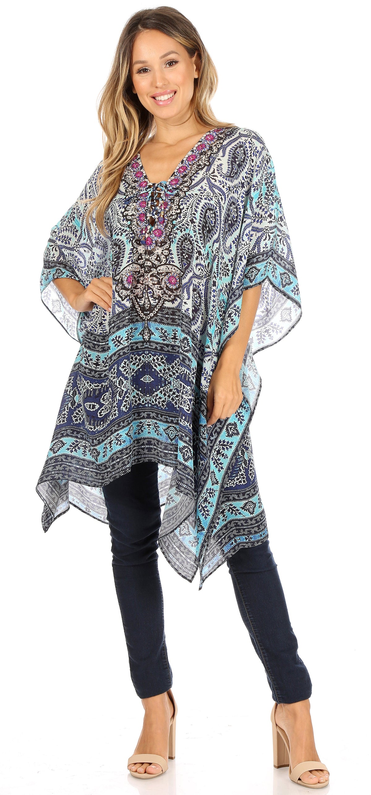 Stylish Rhinestone Lace-Up V-Neck Women's Caftan Poncho Cover-Up by Sakkas Aymee