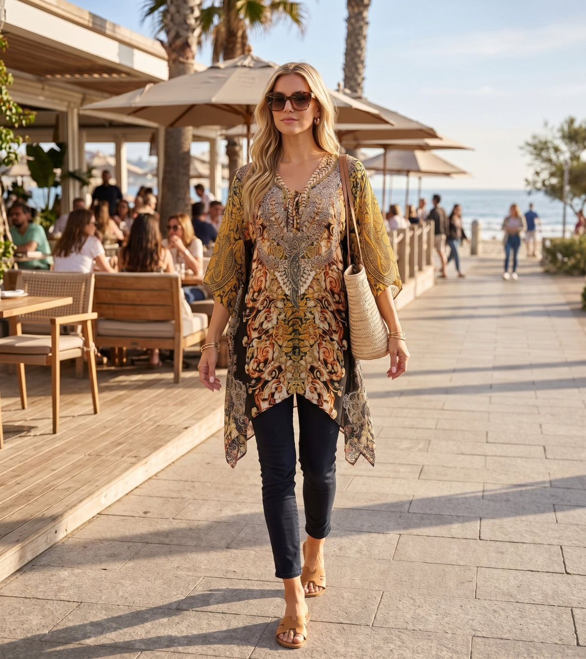 Stylish Rhinestone Lace-Up V-Neck Women's Caftan Poncho Cover-Up by Sakkas Aymee