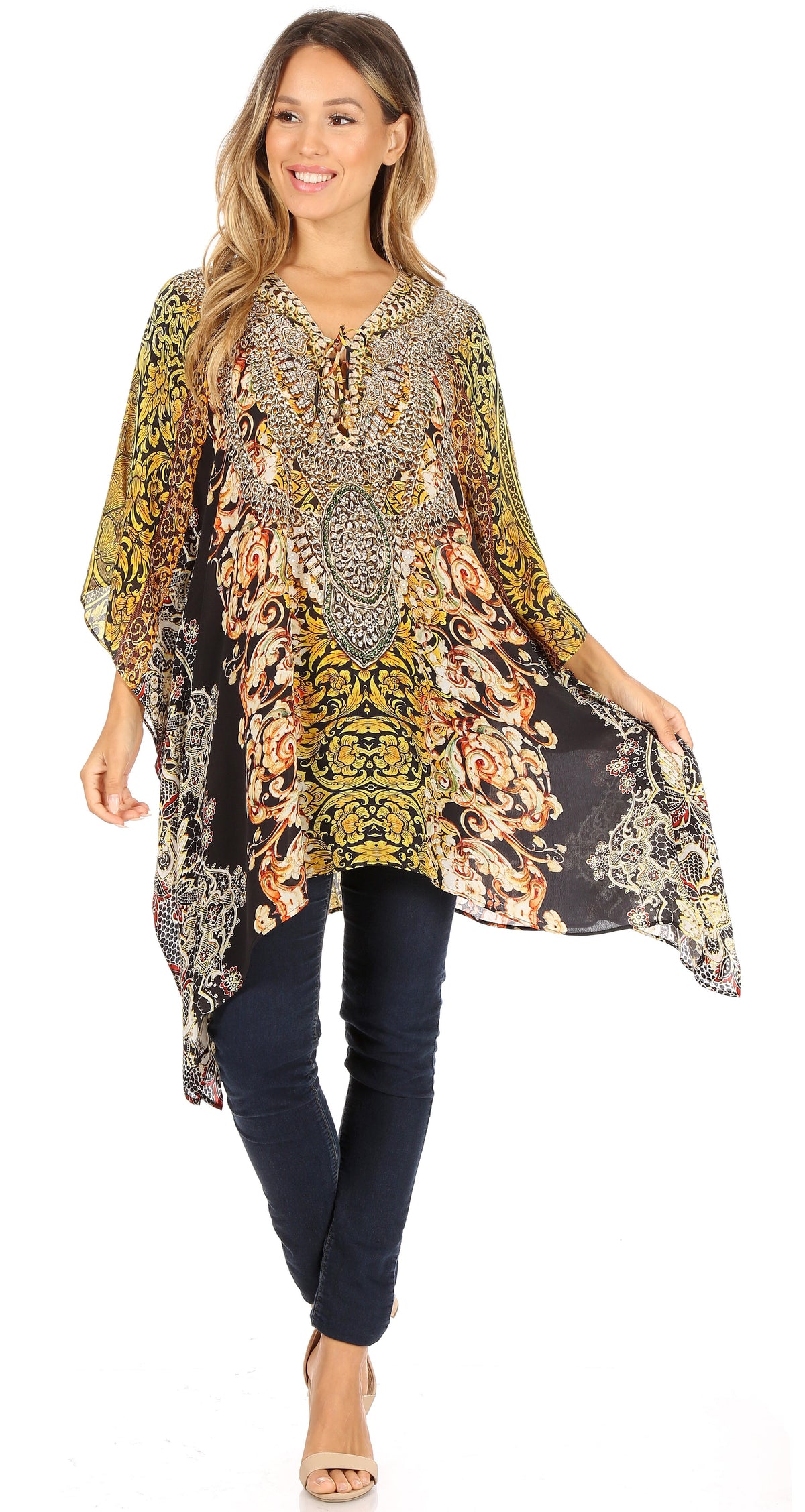 Stylish Rhinestone Lace-Up V-Neck Women's Caftan Poncho Cover-Up by Sakkas Aymee