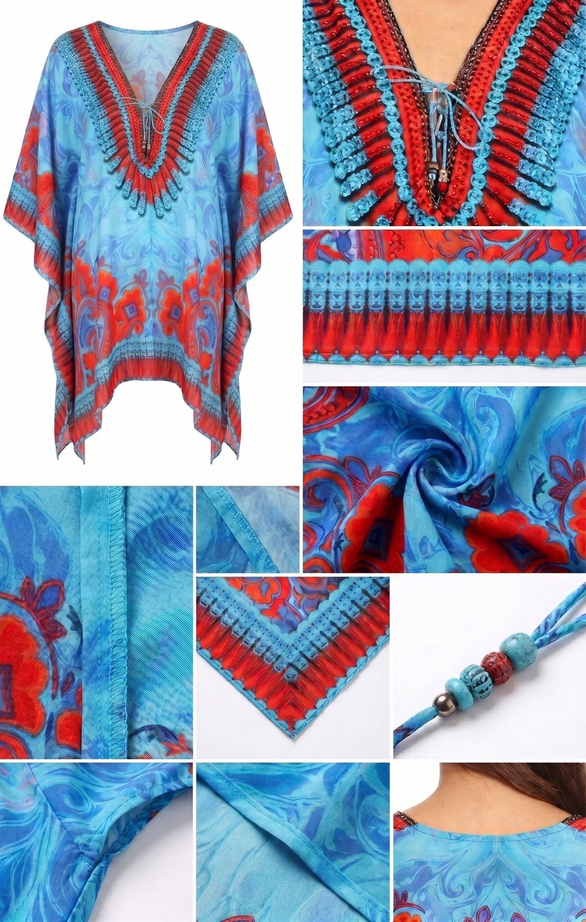 Stylish Rhinestone Lace-Up V-Neck Women's Caftan Poncho Cover-Up by Sakkas Aymee