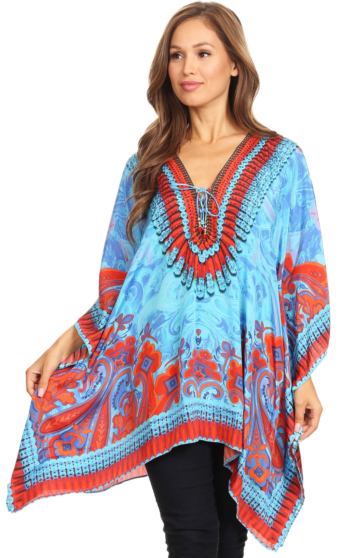Stylish Rhinestone Lace-Up V-Neck Women's Caftan Poncho Cover-Up by Sakkas Aymee