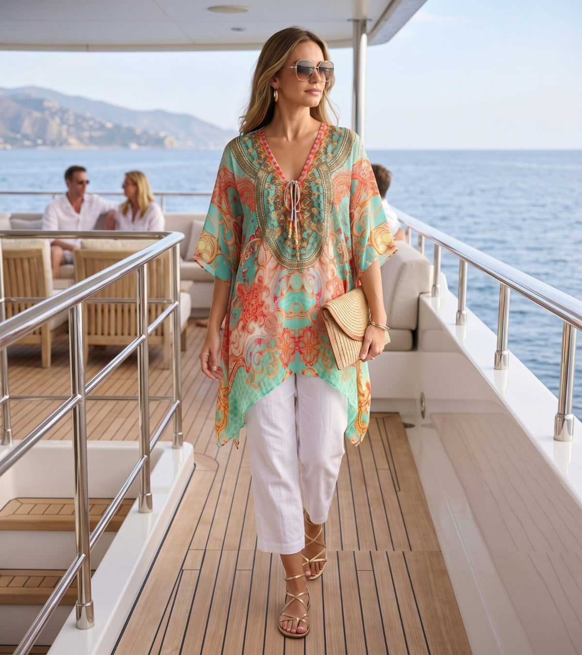 Stylish Rhinestone Lace-Up V-Neck Women's Caftan Poncho Cover-Up by Sakkas Aymee