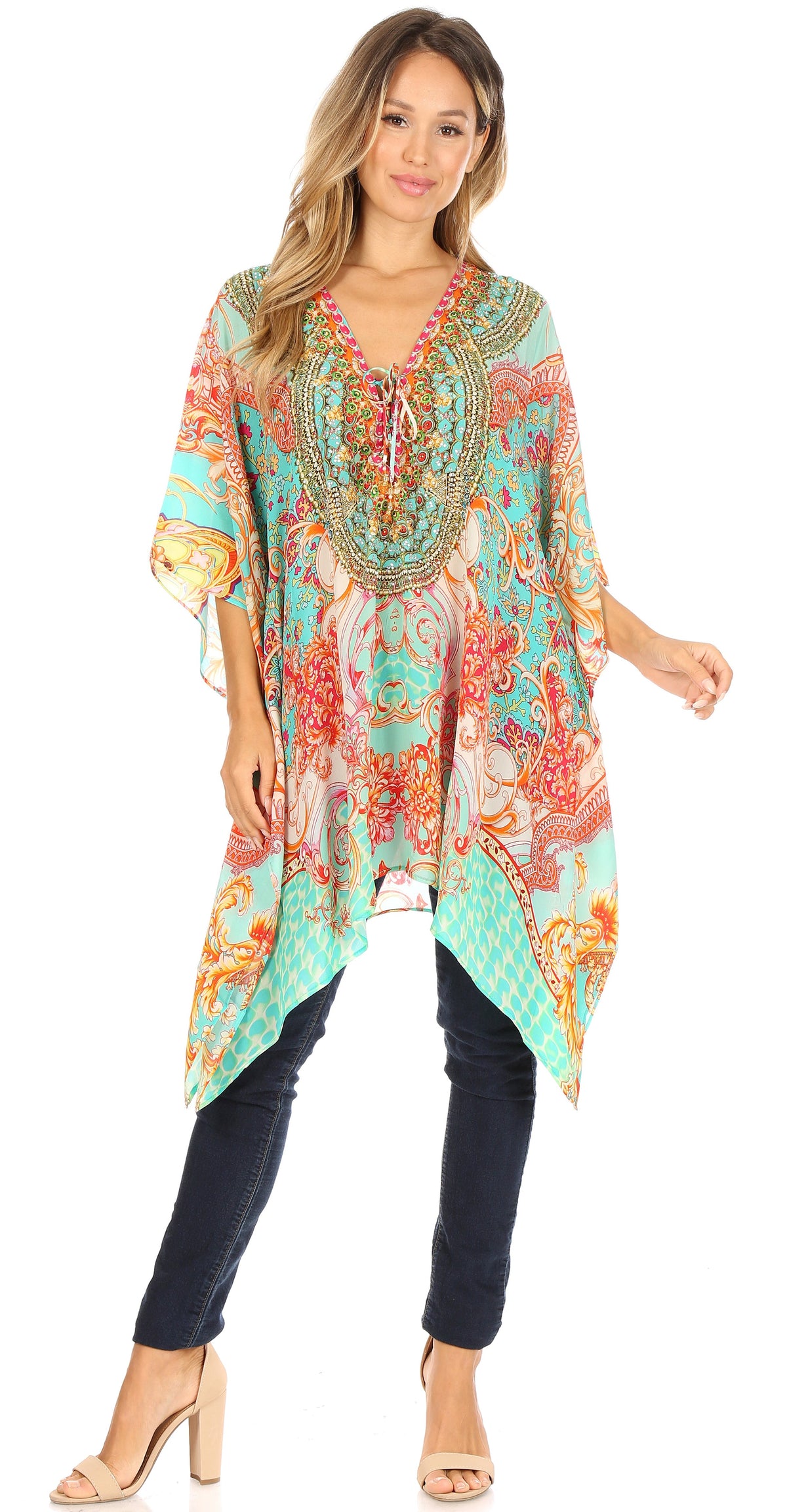 Stylish Rhinestone Lace-Up V-Neck Women's Caftan Poncho Cover-Up by Sakkas Aymee