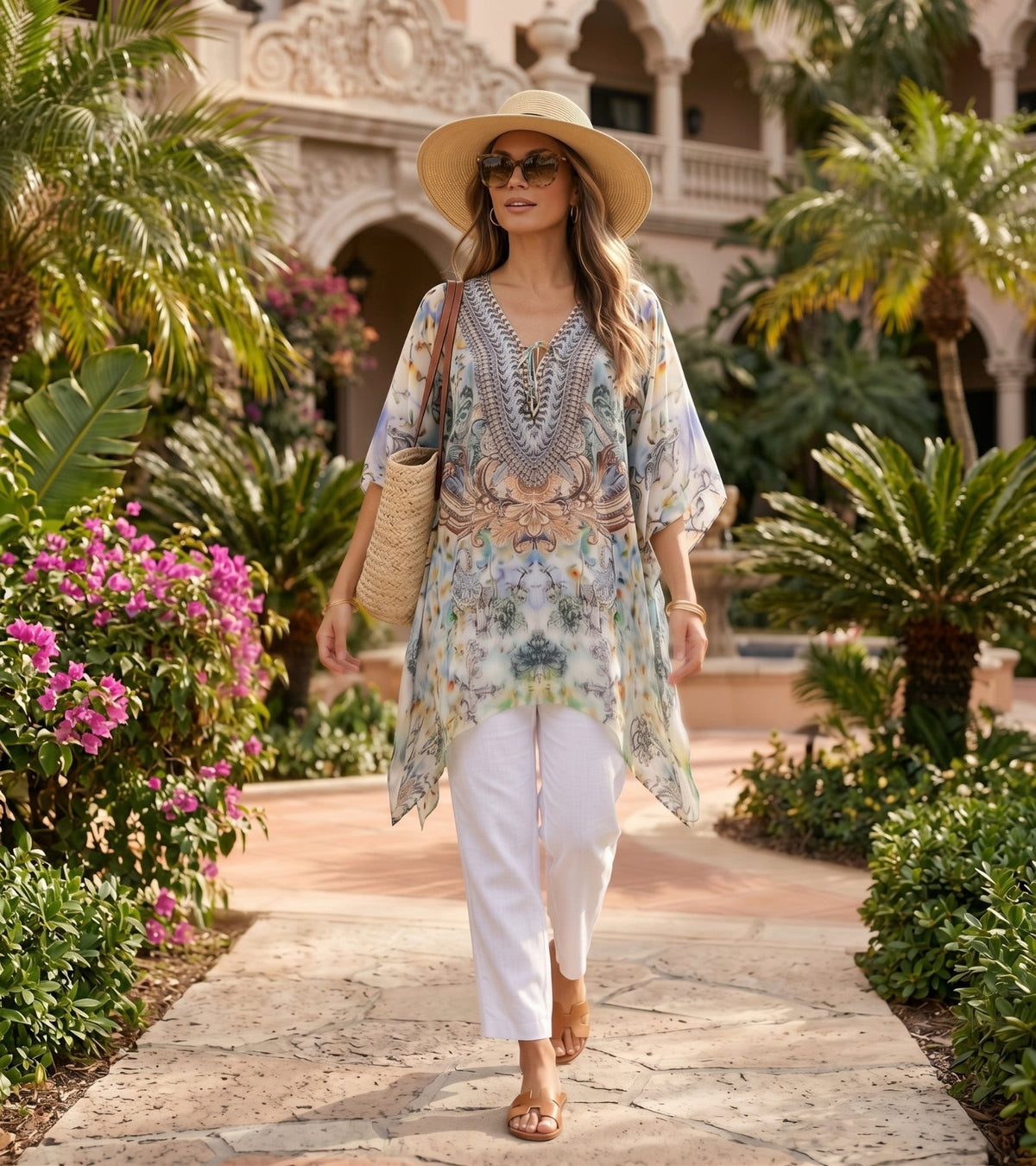 Stylish Rhinestone Lace-Up V-Neck Women's Caftan Poncho Cover-Up by Sakkas Aymee
