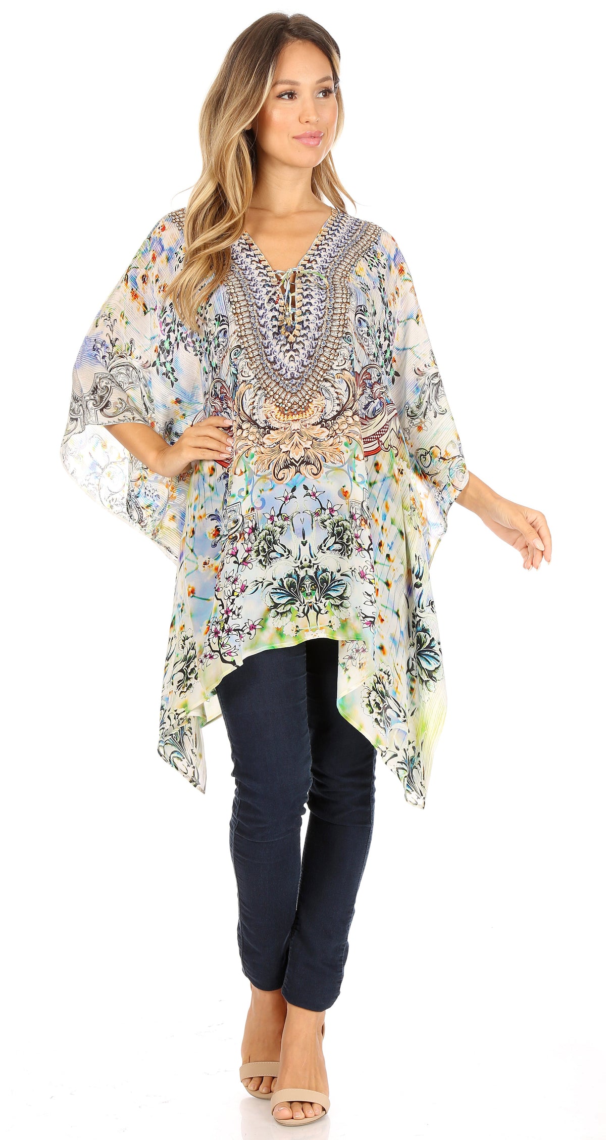 Stylish Rhinestone Lace-Up V-Neck Women's Caftan Poncho Cover-Up by Sakkas Aymee