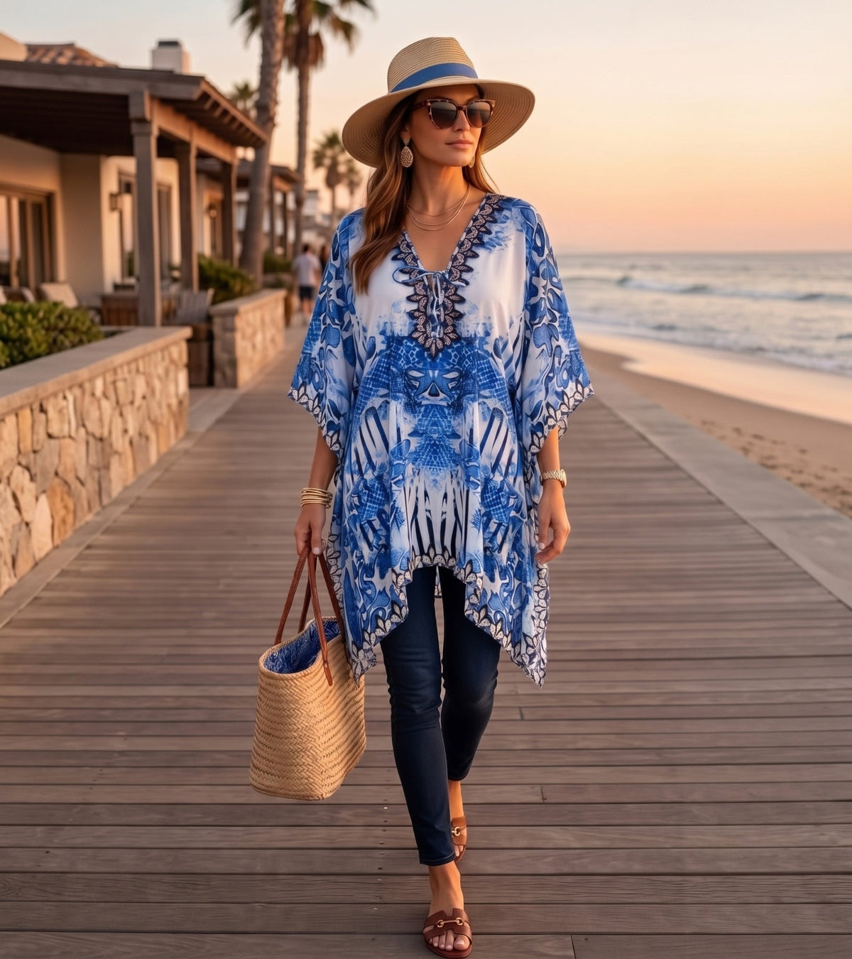 Stylish Rhinestone Lace-Up V-Neck Women's Caftan Poncho Cover-Up by Sakkas Aymee