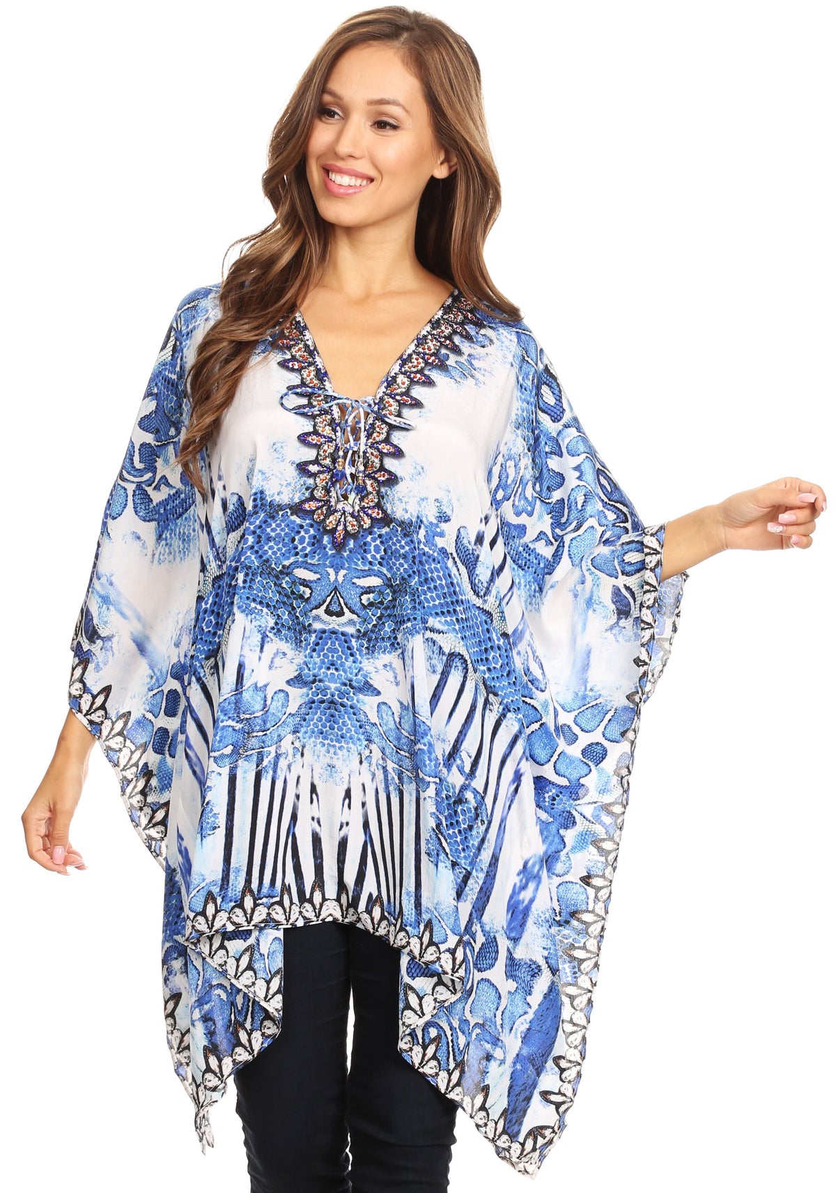 Stylish Rhinestone Lace-Up V-Neck Women's Caftan Poncho Cover-Up by Sakkas Aymee