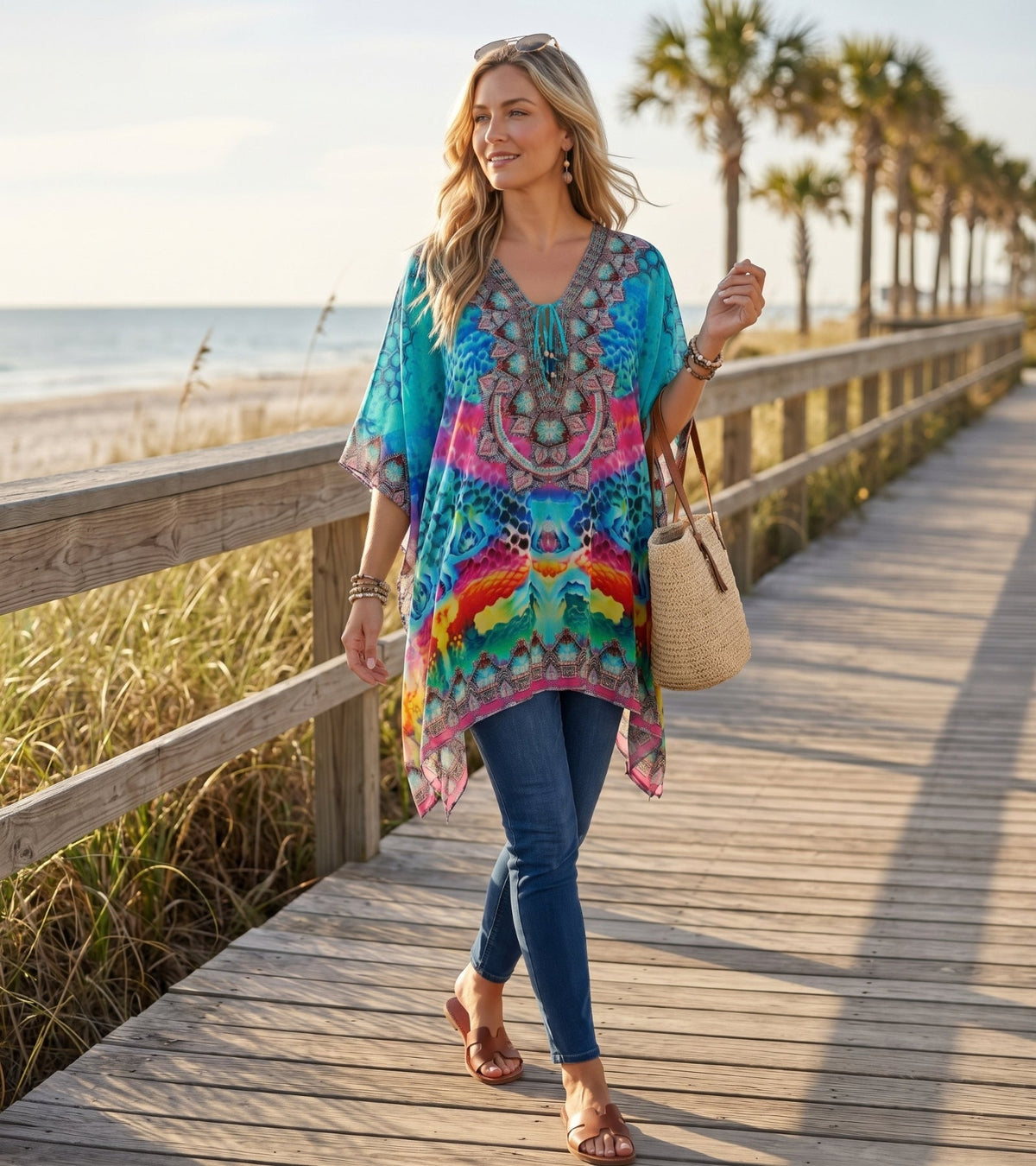 Stylish Rhinestone Lace-Up V-Neck Women's Caftan Poncho Cover-Up by Sakkas Aymee