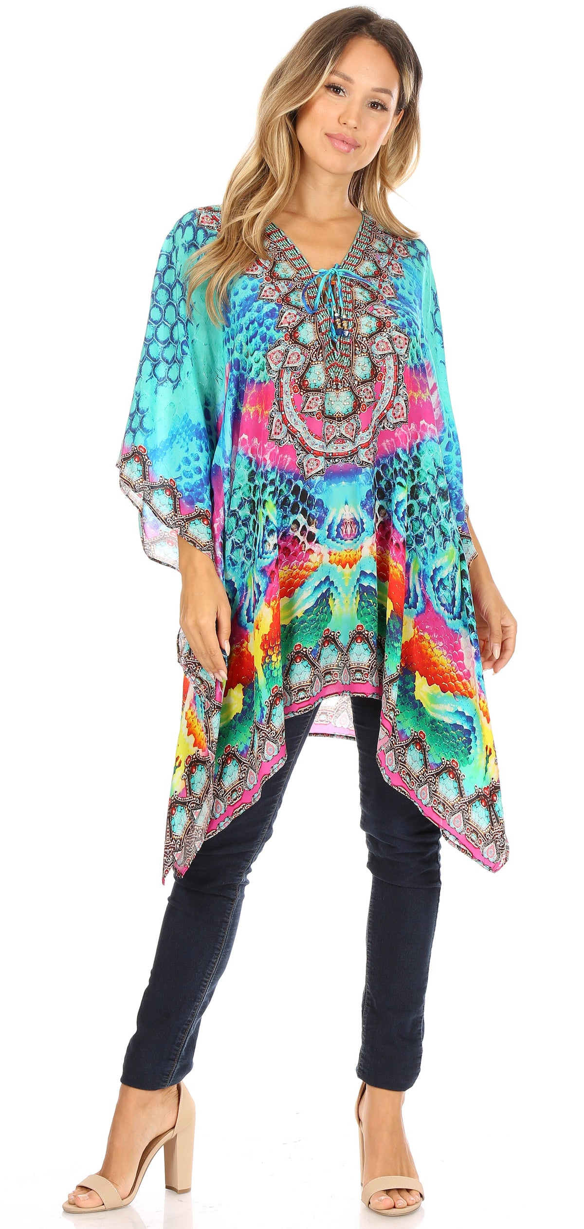 Stylish Rhinestone Lace-Up V-Neck Women's Caftan Poncho Cover-Up by Sakkas Aymee