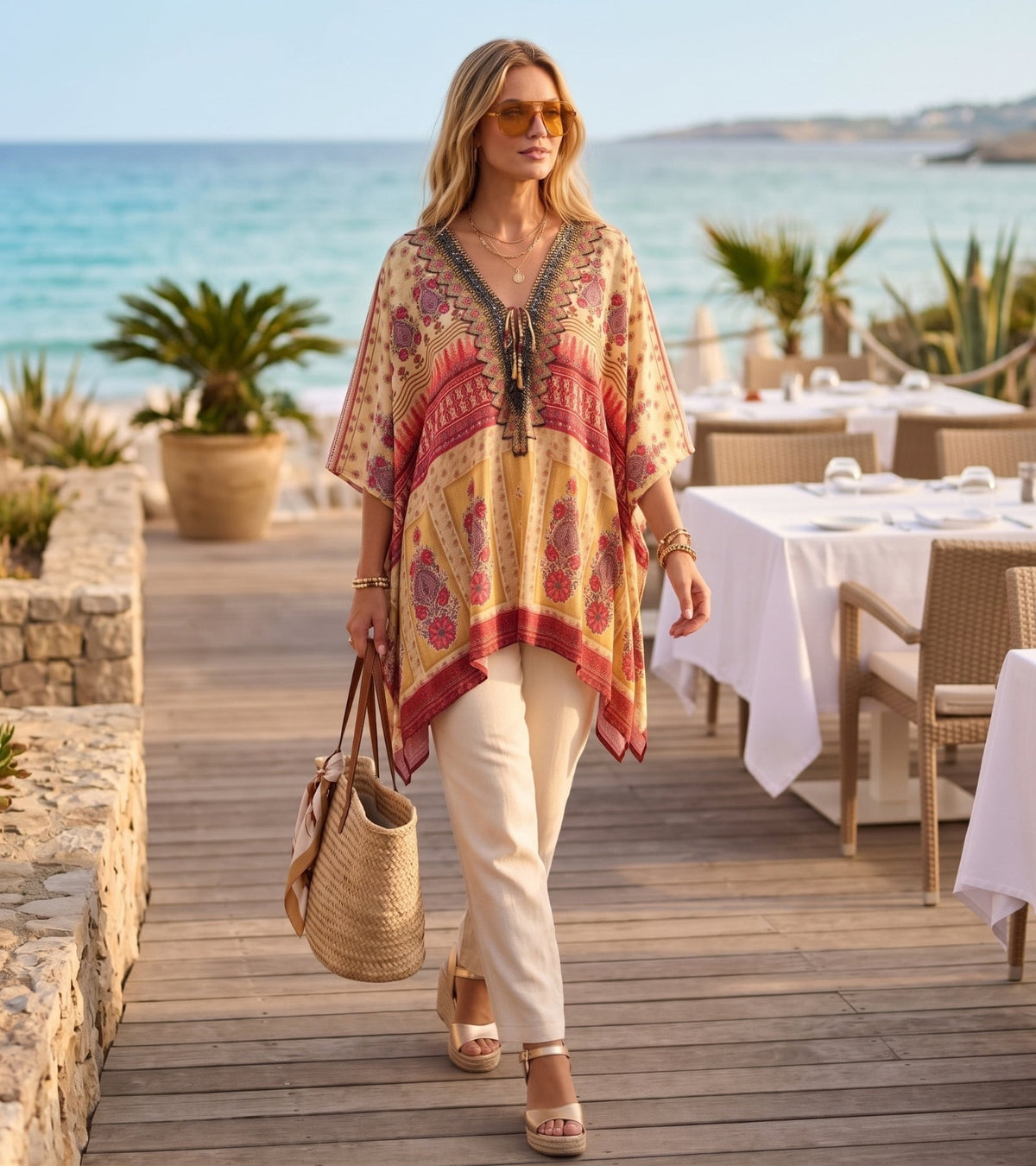 Stylish Rhinestone Lace-Up V-Neck Women's Caftan Poncho Cover-Up by Sakkas Aymee