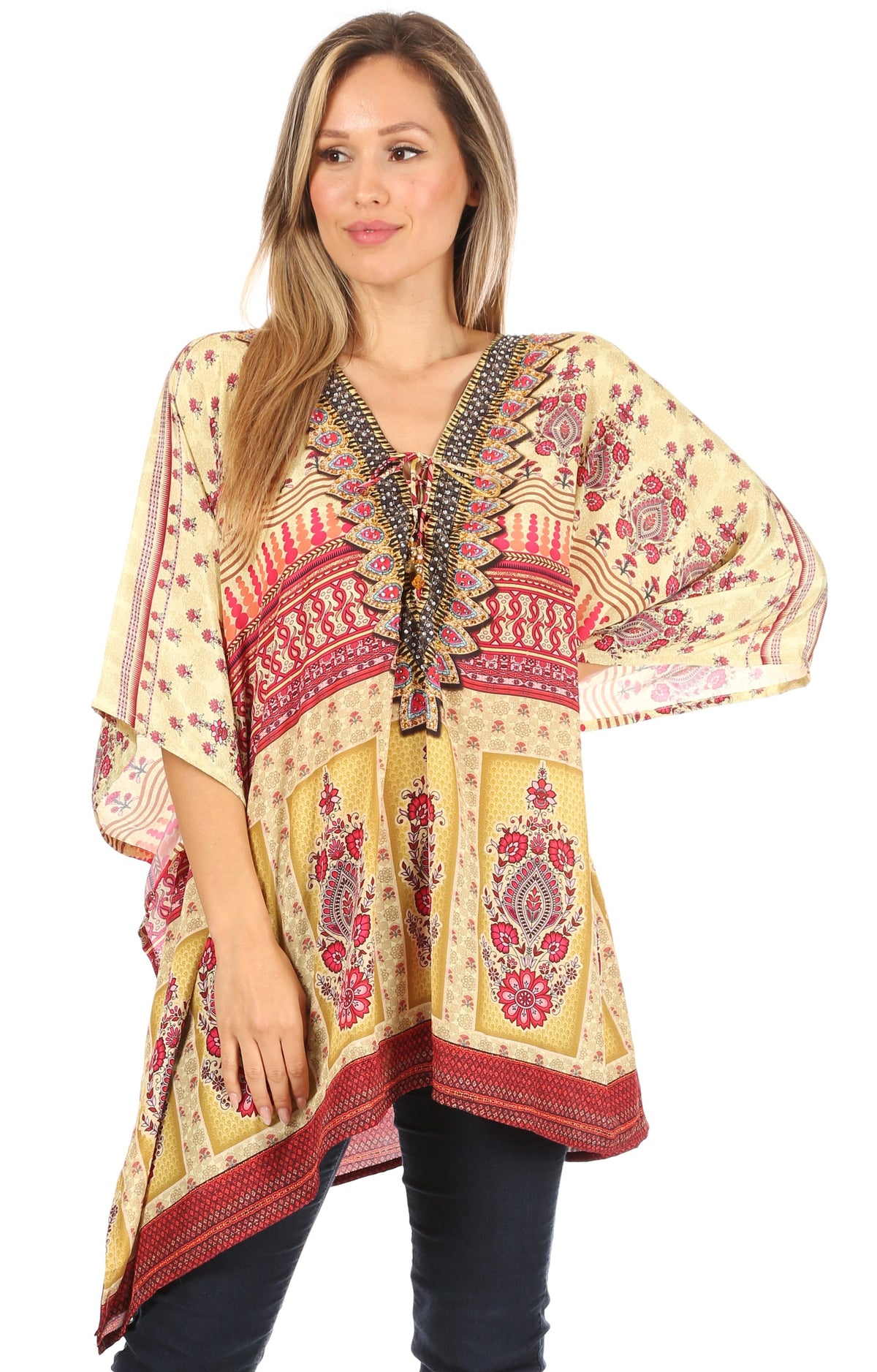Stylish Rhinestone Lace-Up V-Neck Women's Caftan Poncho Cover-Up by Sakkas Aymee