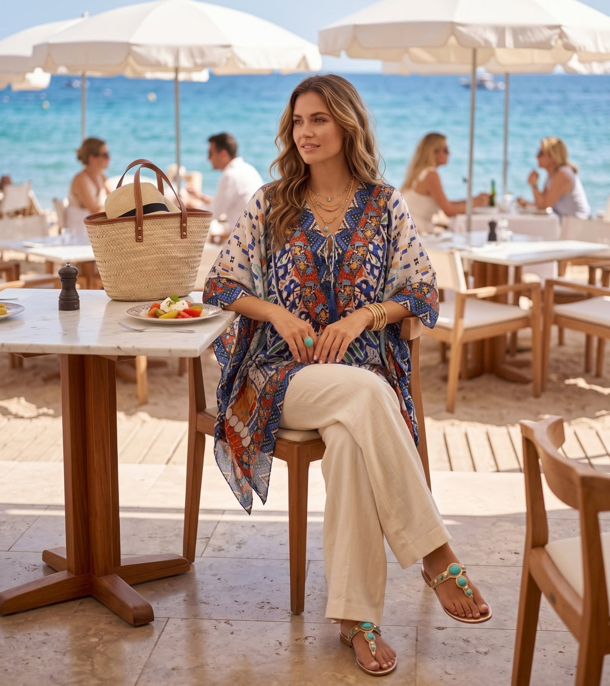 Stylish Rhinestone Lace-Up V-Neck Women's Caftan Poncho Cover-Up by Sakkas Aymee